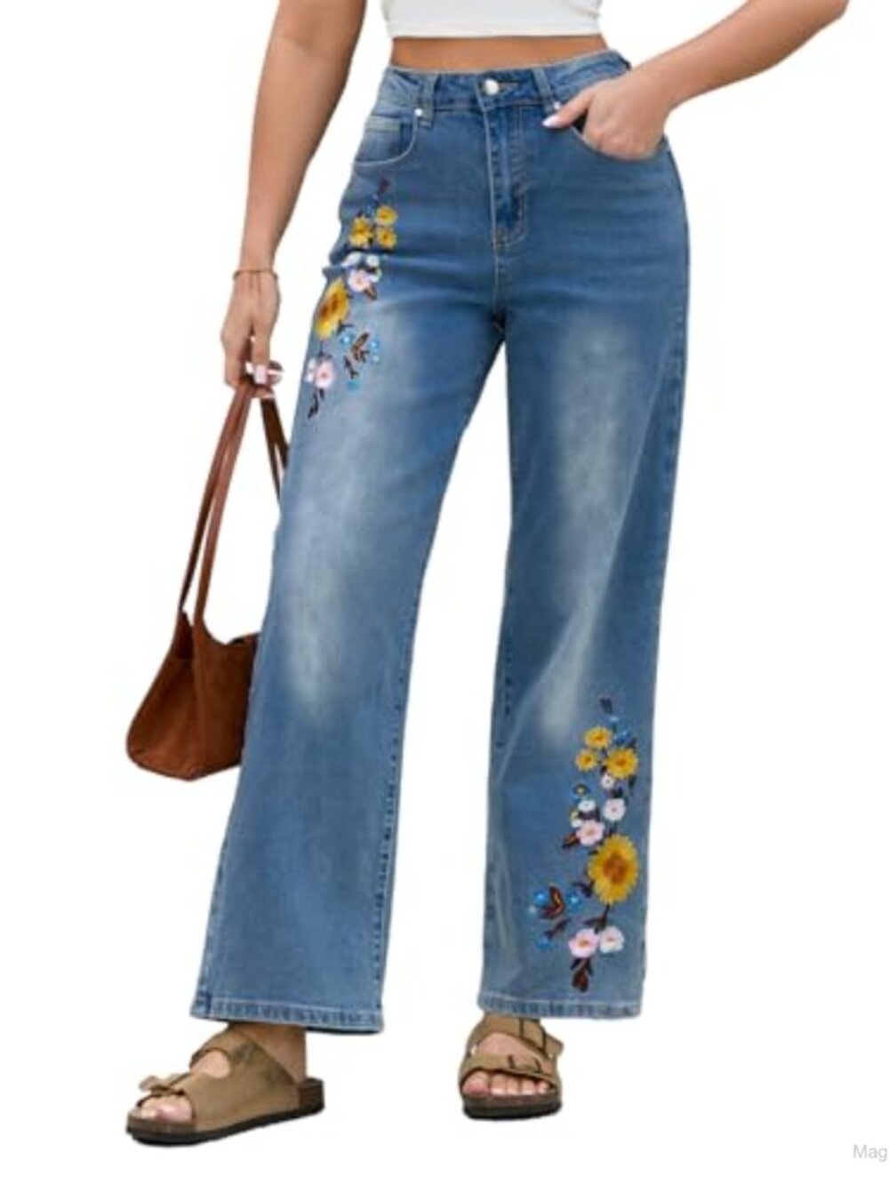 Embroidered Floral High Waist Straight Leg Jeans with Pockets